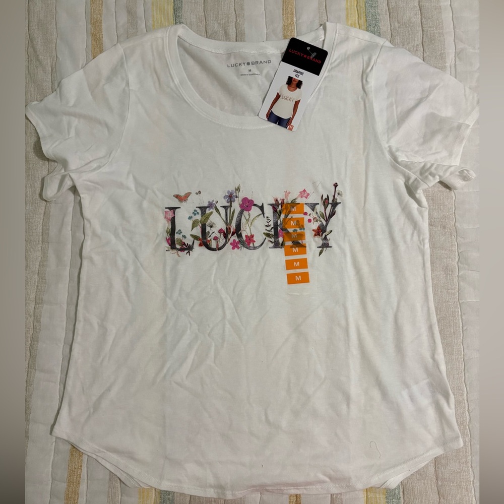 Lucky Brand White Short-Sleeve Tee with Multicolor Floral 'LUCKY' Logo